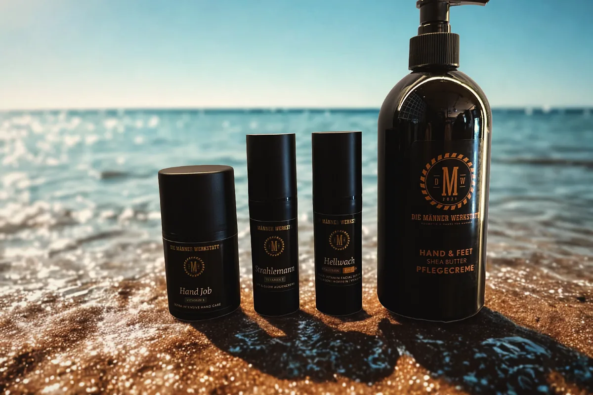Vatertagsgeschenk-Idee: Pflegeprodukte der Männer Werkstatt für Papa, am Strand im Gegenlicht