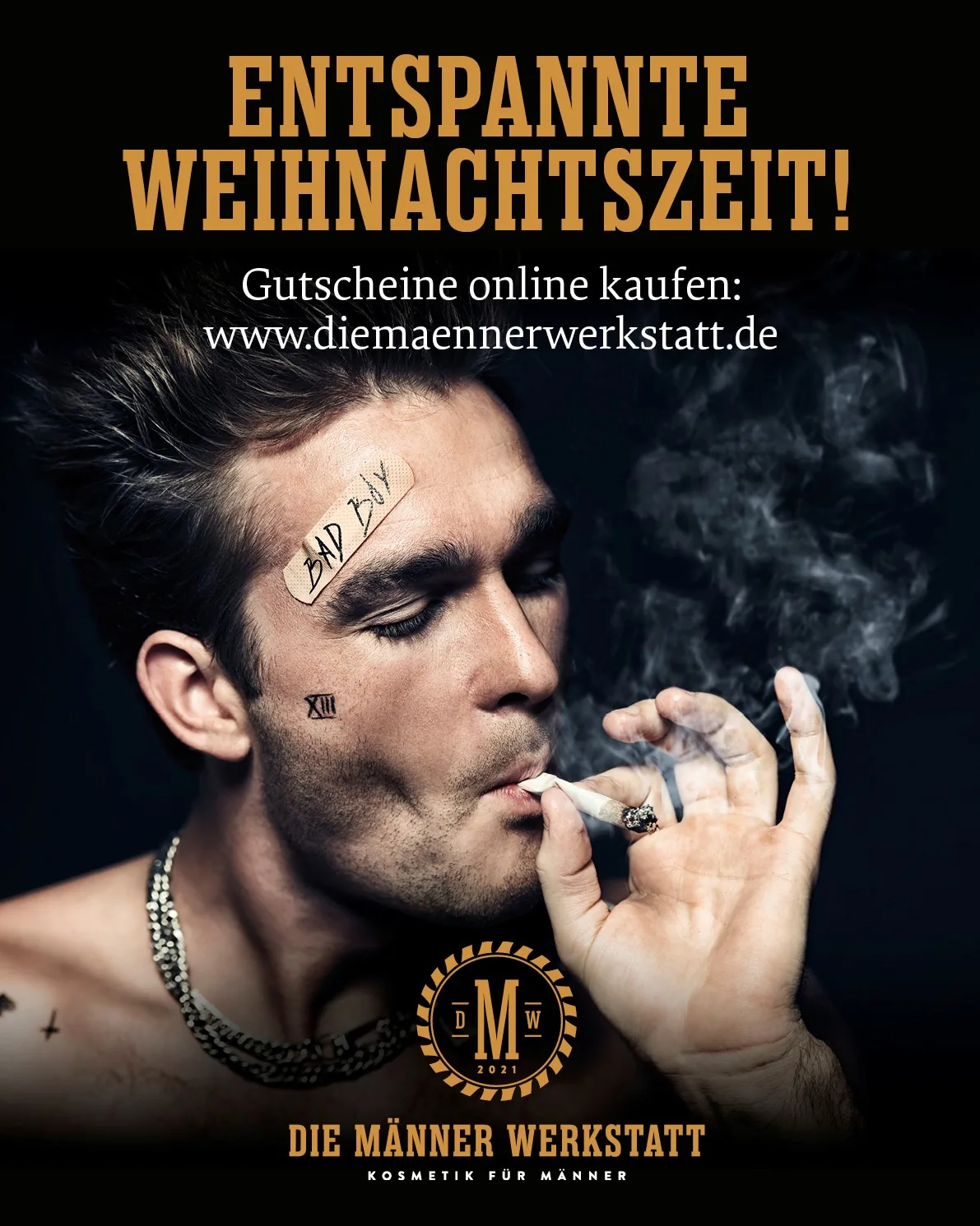 Gutschein-Motiv der Männer Werkstatt mit dem Schriftzug „Entspannte Weihnachtszeit!“